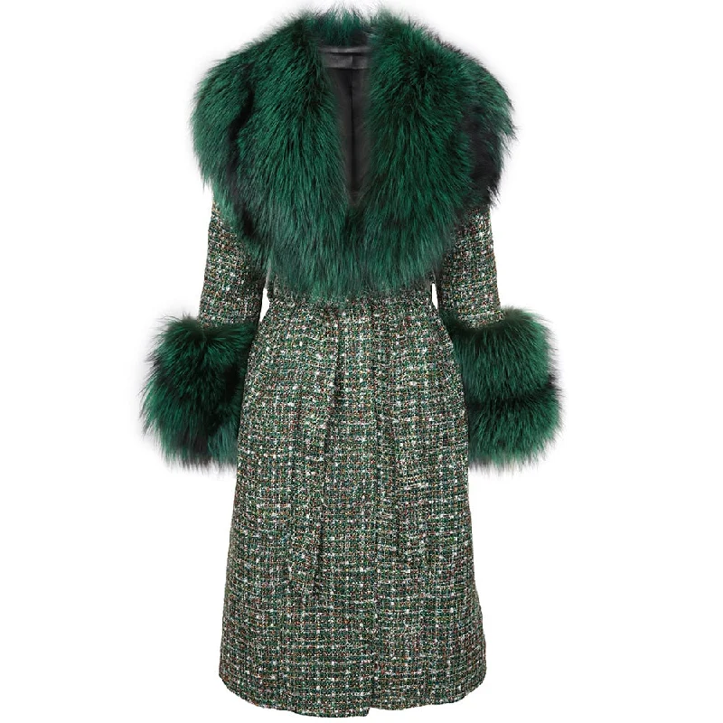 Women Real Fox Fur Collar Tweed Coat Fur Jacket