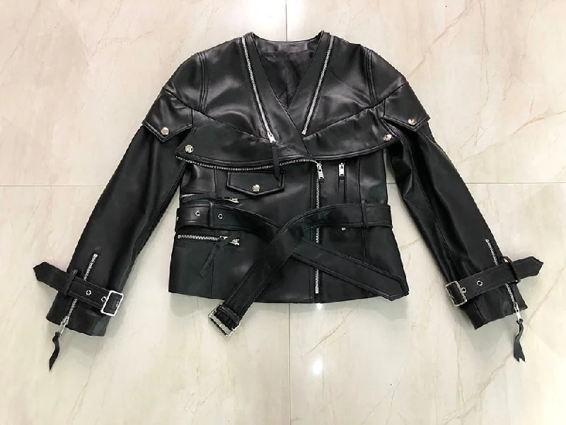 Women V-neck Slim Black Genuine Leather Jacket